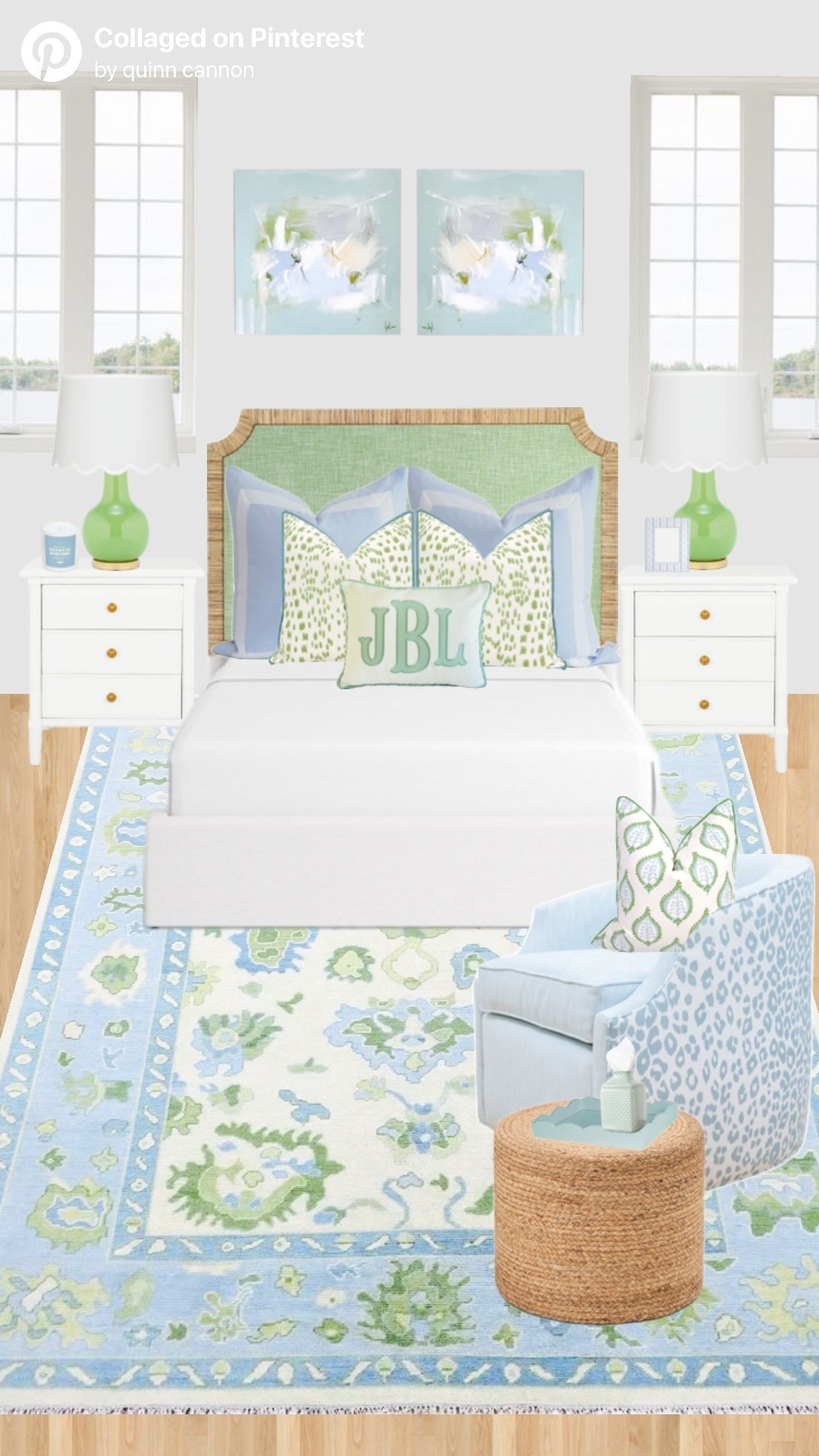 Paintings: FRENCH 75 by Katherine Freeman (KFOriginalArt.com) 
Chair: Two-Tone Stevie Swivel in the color ‘Oxford Light Blue’ from Society Social 
Accent Pillow on Chair: BISCAYNE COLLECTION CORNELIA PILLOW / SPRING from Coastal Home Pillows
Headboard: Grove Street Rattan Headboard from Society Social 

#bedroominspo
#bedroomideas
#bedroomgoals
#bedroomdecor
#bedroomdesign
#bedroomaesthetic
#cozybedroom
#modernbedroom
#minimalbedroom
#neutralbedroom
#dreambedroom
#bohobedroom
#smallbedroomideas
#bedroommakeover
#bedroomstyle
#interiordesigninspo
#homedecorinspo
#apartmentbedroom
#bedroomvibes
#bedroominterior