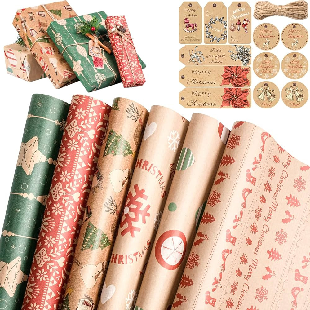 NexusNurture Geschenkpapier Weihnachten, 12 Stück recyceltes Weihnachtspapier 70x50CM mit 12 St... | Amazon (DE)