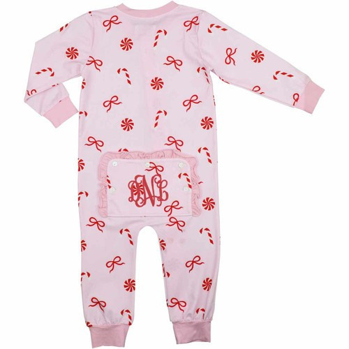 Pink Knit Candy Cane Print Zipper Pajamas - Shipping Mid-October | Cecil and Lou