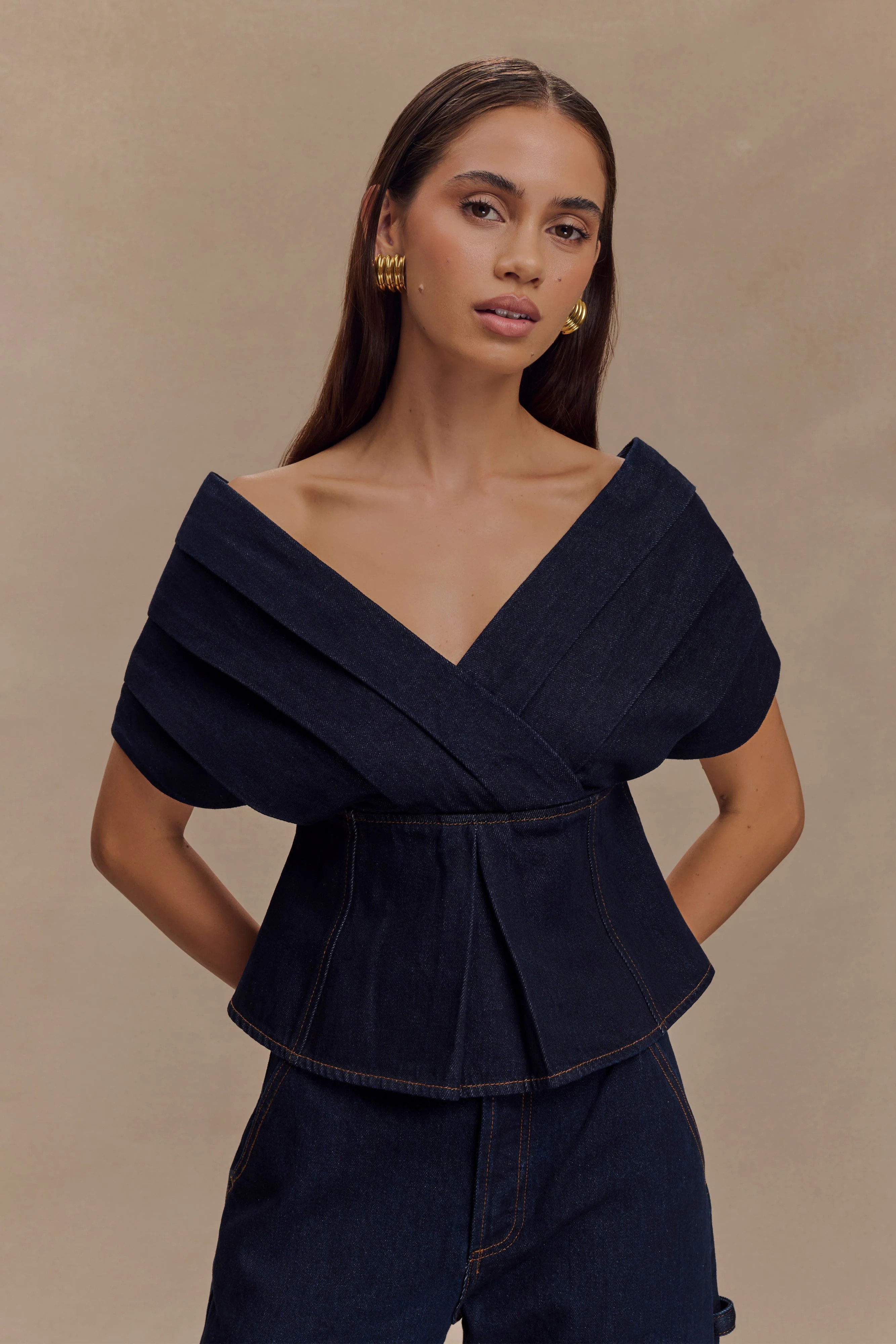 Rayne Off Shoulder Denim Top - Indigo Blue | MESHKI US