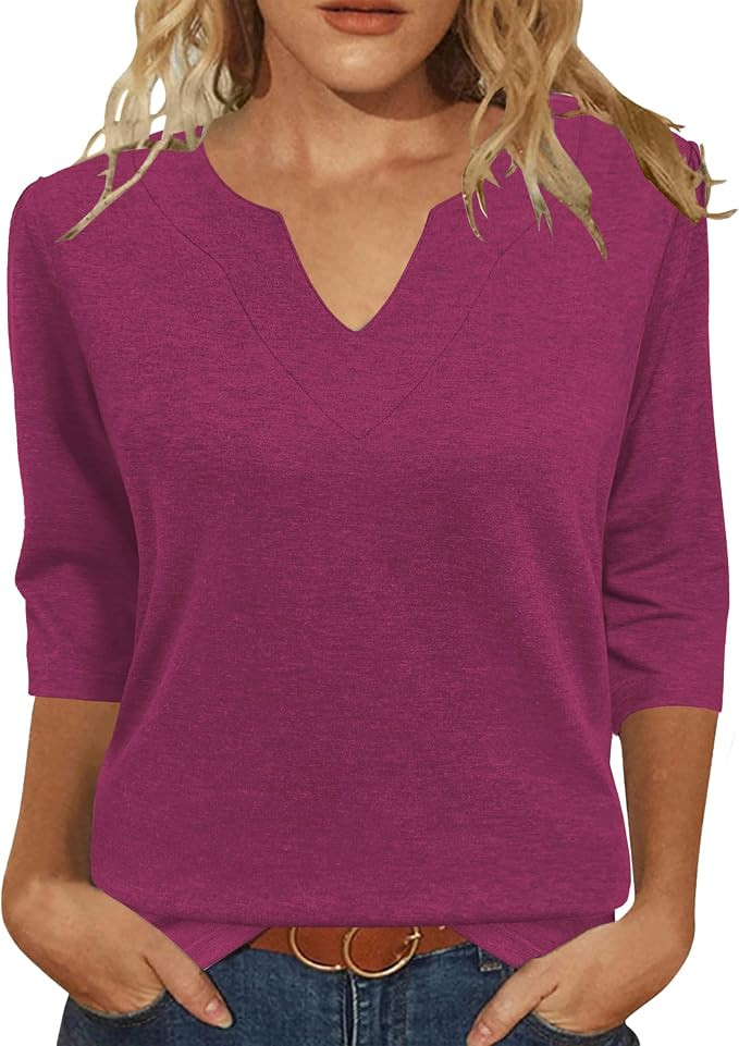 JomeDesign Womens Tops 3/4 Sleeve Shirts V Neck Loose Casual Blouses Solid Color Tshirts | Amazon (US)