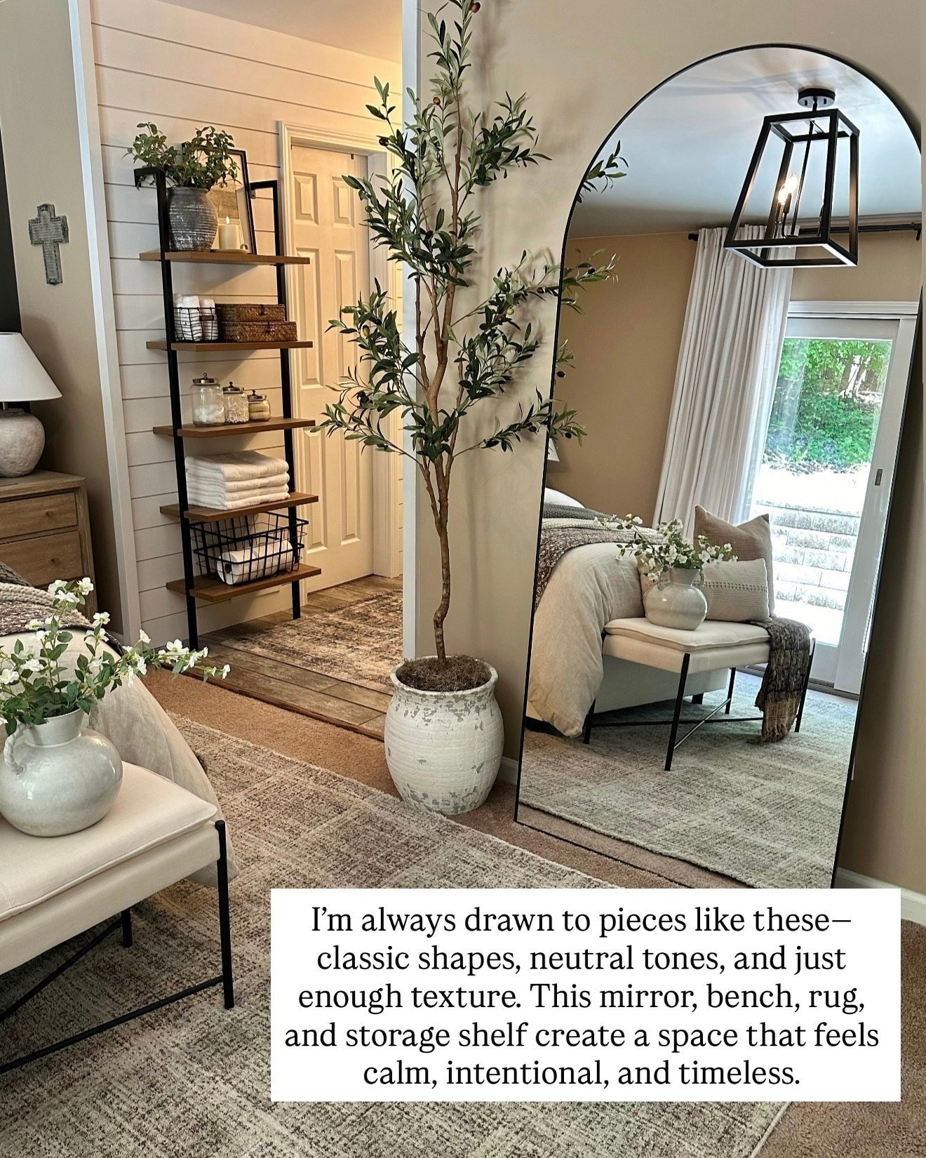Modern Neutral Bedroom With Arched Mirror And Cozy Layers

Follow @farmtotablecreations on Instagram for more cozy home inspiration.

This is my bedroom, and it’s a space I wanted to feel calm, grounded, and timeless. I’m always drawn to classic silhouettes, warm neutral tones, and soft texture that doesn’t overwhelm the room. The arched floor mirror adds height and light, the upholstered bench creates a soft landing spot at the end of the bed, and the neutral rug helps anchor everything together. A simple storage shelf keeps everyday items styled yet functional, making the room feel intentional and lived-in while still peaceful.

#bedroom #bedroomdecor #neutralbedroom #archedmirror #bedroombench #area rug #storage #homedecor #bedroominspo

#LTKFindsUnder50 #LTKSaleAlert #LTKHome