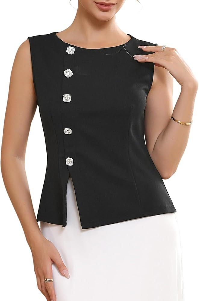 Women's Sleeveless Formal Top Button Decor Round Neck Cropped Peplum Vest Tops | Amazon (US)