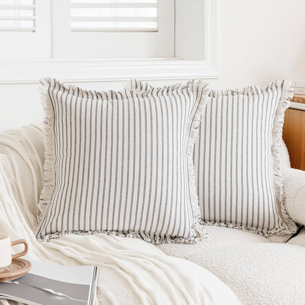 Throw Pillow Covers 20x20 Set of 2 Boho Pillow Covers with Fringe Tassel Farmhouse Cotton Striped... | Amazon (CA)