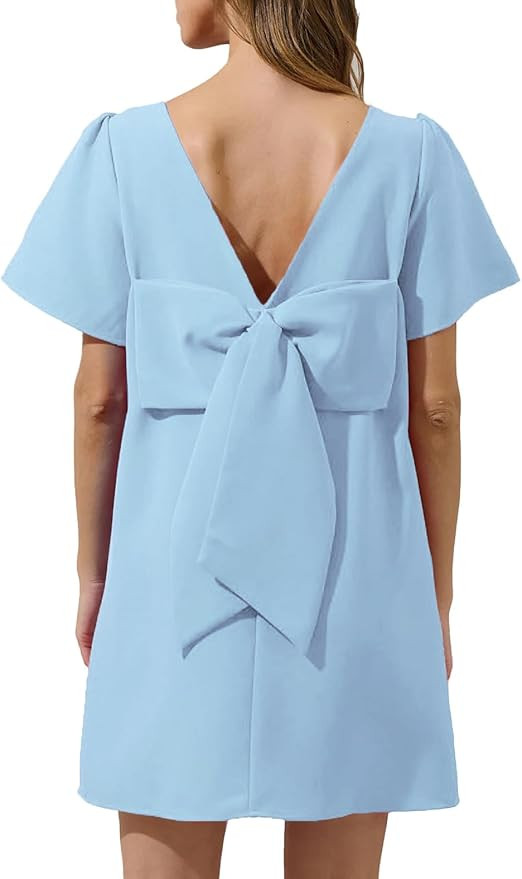 Kedera Women's Casual Mini Bow Crew Neck Short Sleeves Loose Dresses Swing Solid Shift Dress with... | Amazon (US)