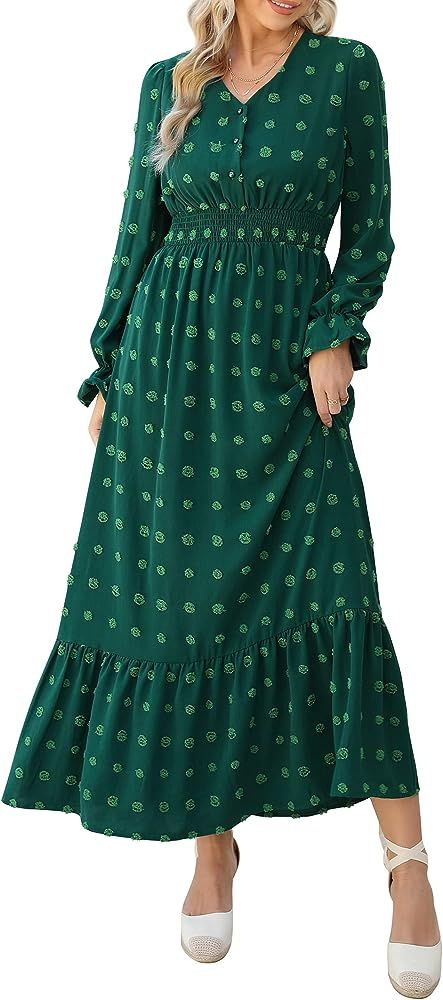 MISSKY Womens Boho Maxi Dresses Button Down Smocked Puff V Neck Long Sleeve Swiss Dot Ruffle Tier... | Amazon (US)