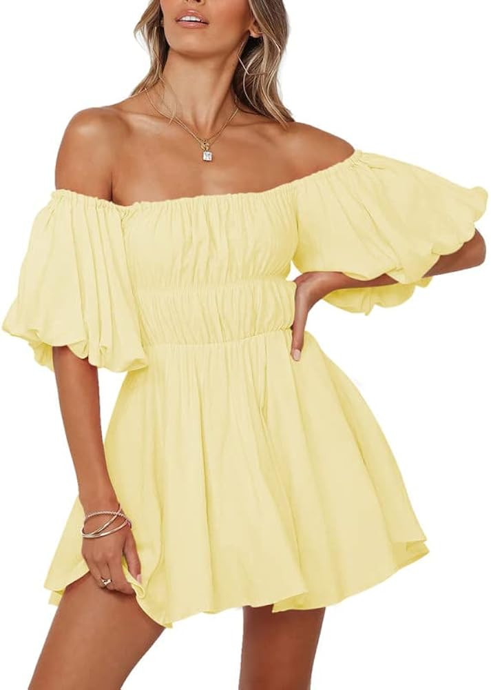 Dokotoo Womens Off Shoulder Summer Dresses Short Lantern Sleeve Ruffle Elastic Waist A-Line Casua... | Amazon (US)