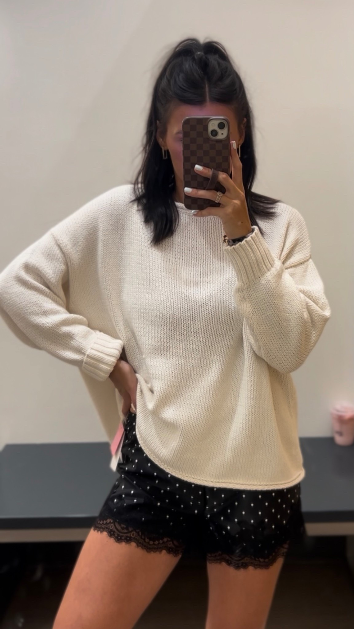 The perfect oversized neutral sweater paired with the cutest satin lace polka dot shorts- Target spring fashion 2026