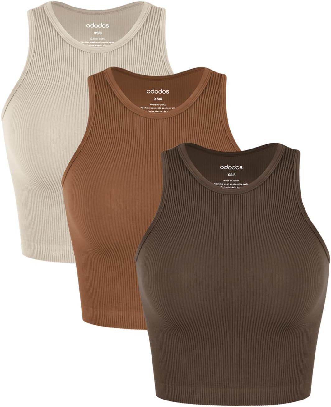 ODODOS 3-Pack Seamless Crop Tank for Women Ribbed Soft High Neck Cropped Tops | Amazon (US)