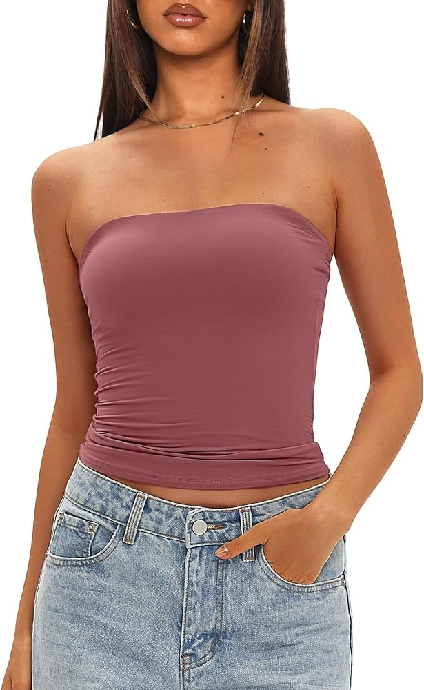 Darong Womens Padded Tube Tops Bulit in Bra Strapless Crop Tops Bandeau Double Lined Basic Going ... | Amazon (US)