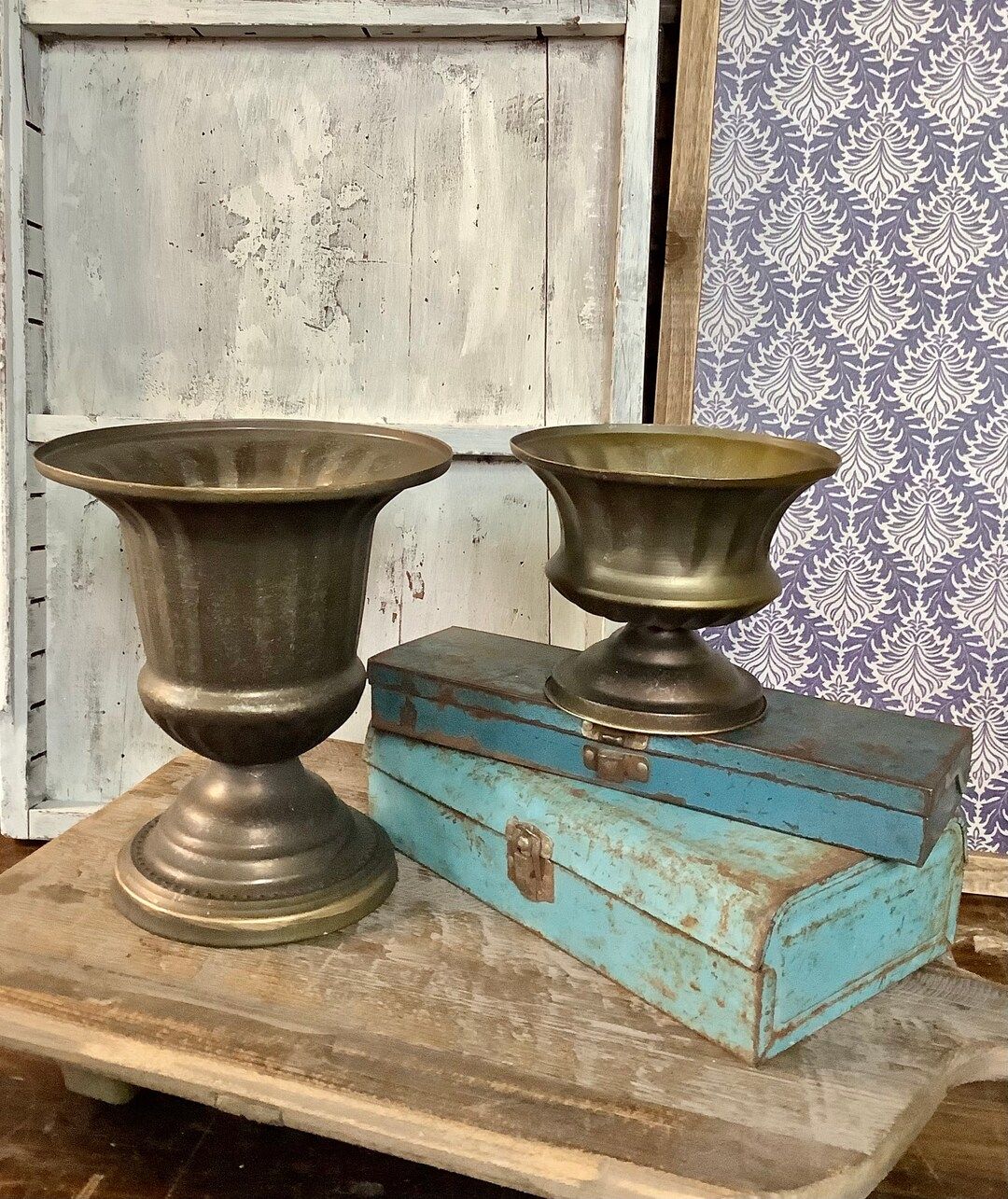 Antiqued Brass Urn Pedestal | Rustic Metal Urn | Planter Urn | Rustic Metal Compote | Farmhouse C... | Etsy (US)
