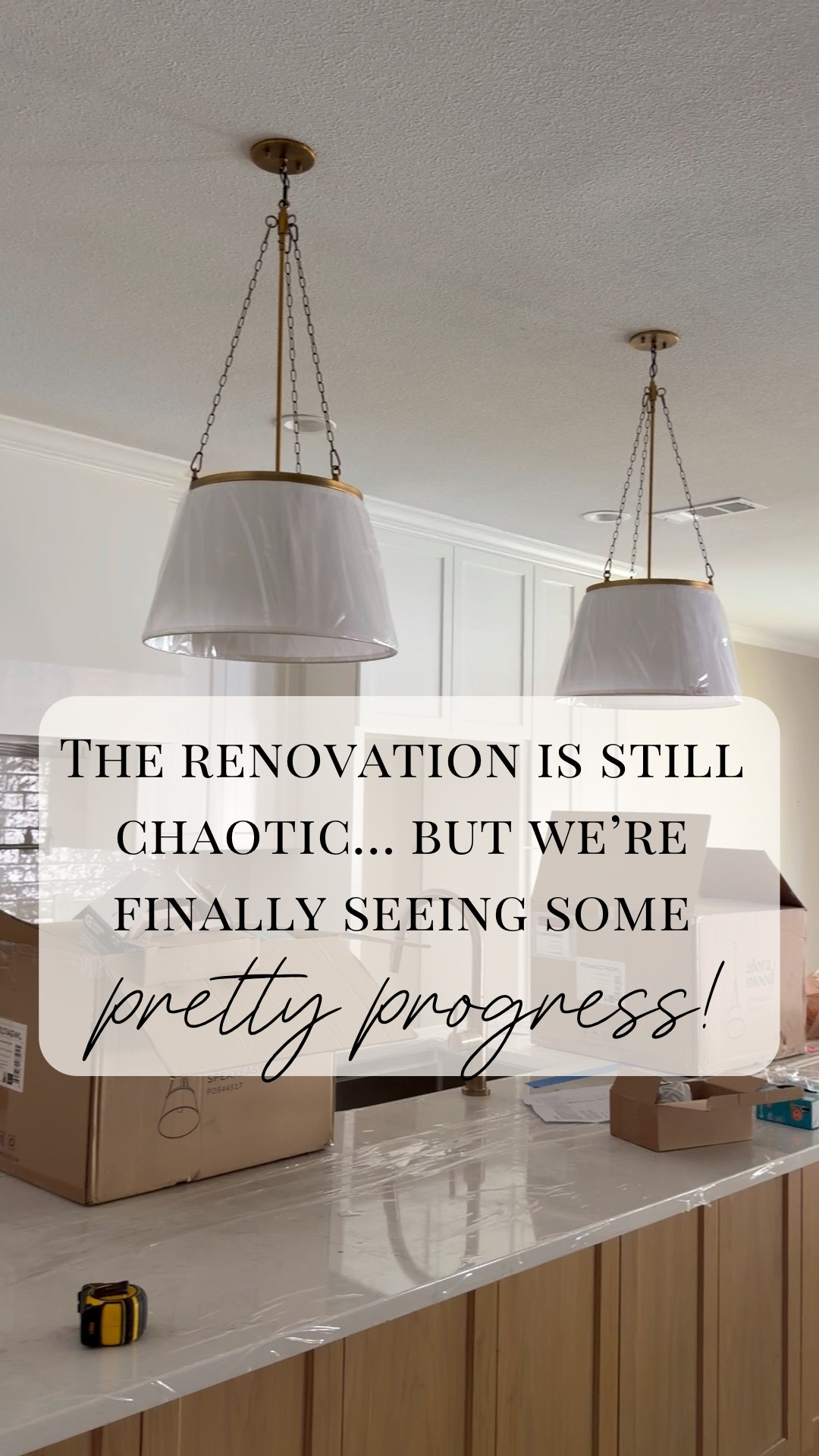 The renovation is still very much renovating… but today I finally got to see some of the pretty progress. 🤍

The shower glass is installed, the kitchen pendant lights are going up, the dining chandelier is hung, and the floors are finally dry enough that replacement wood should be going in next week.

After so many delays, corrections, decisions, and mystery problems, it feels really good to see the home renovation details starting to come together.

The kitchen renovation is finally getting its lighting, the bathroom remodel is starting to look finished, the dining room feels more like the vision, and we’re one step closer to getting the floors repaired, sanded, and stained.

There are still plenty of things happening behind the scenes, but I’m choosing to focus on the progress today.

Because honestly… I really needed a pretty update. 🤍

#LTKHome