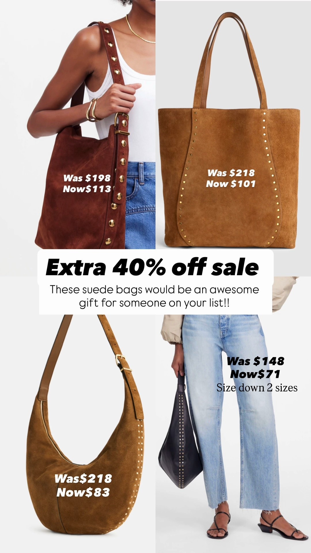 I have and love all of these. 10/10 recommend the quality of these bags!! 

These suede bags would make an awesome gift for someone on your list! And great time to grab because they are sale on sale.
Extra 40% off already sale prices.

Use code SALEONSALE 
These are final sale but you cannot go wrong with them. 

The darted barrel denim - reminder size down two sizes

#LTKOver40 #LTKGiftGuide #LTKFamily