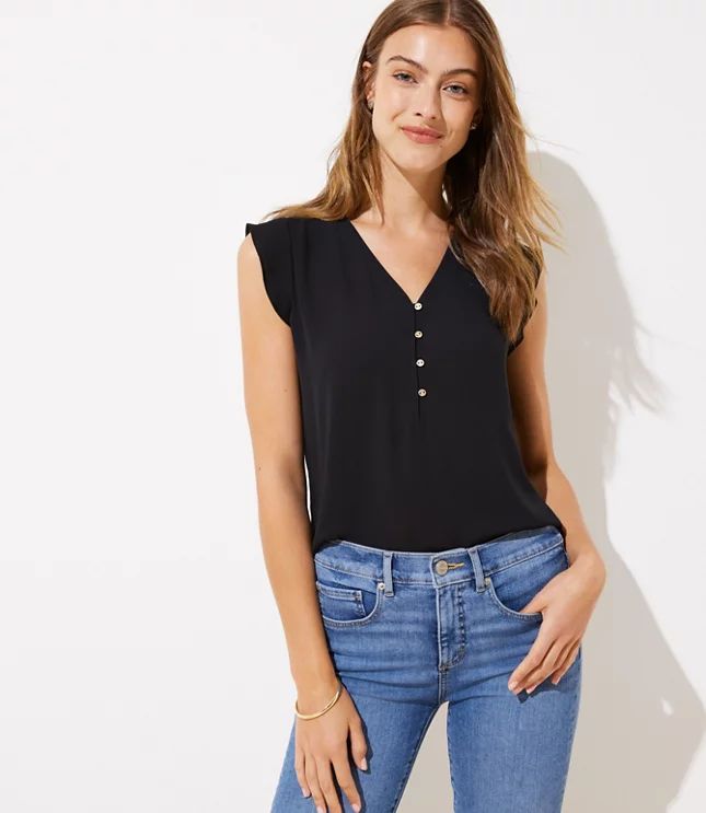 Button V-Neck Flutter Shell | LOFT