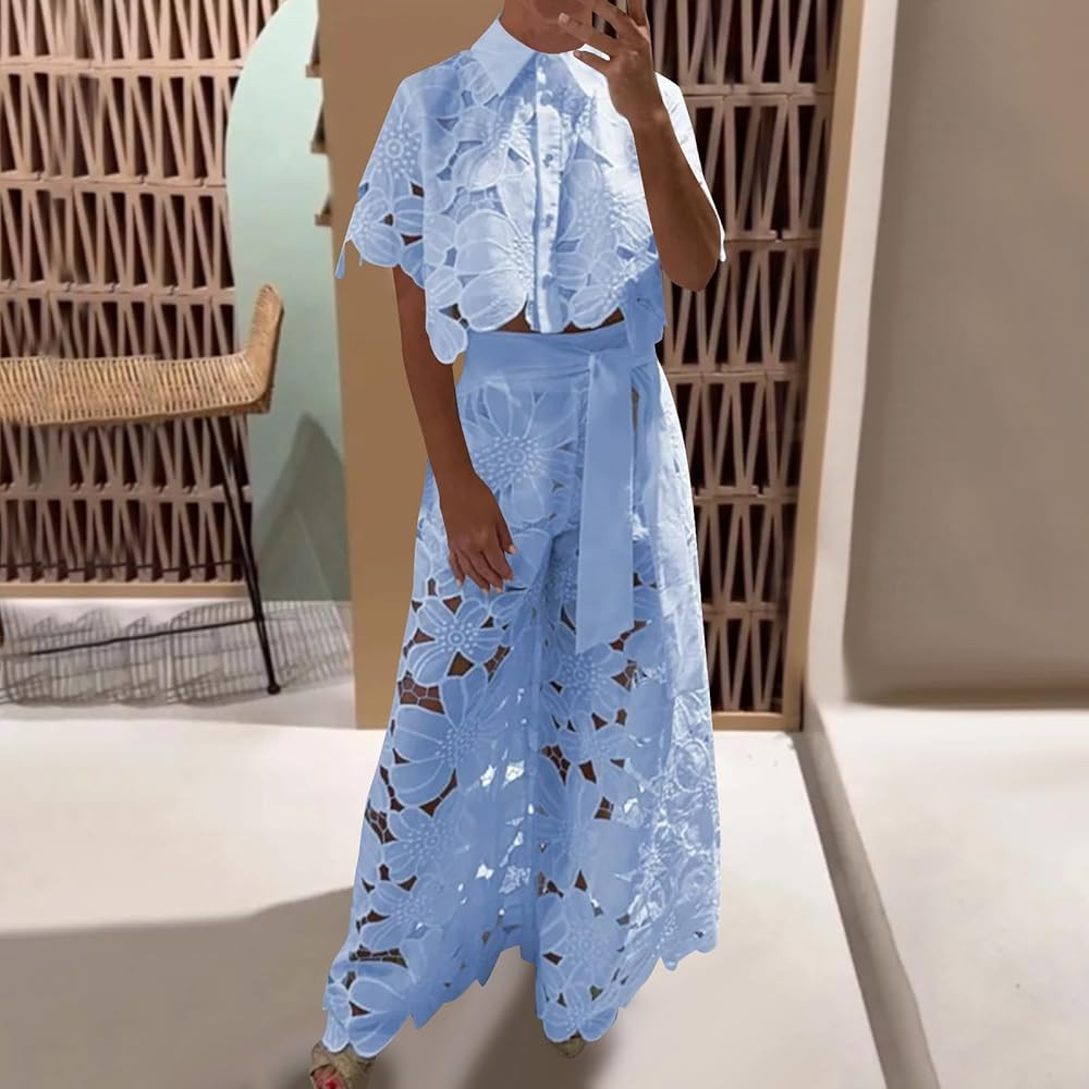 Oplxuo Women's Sexy 2 Piece Outfits Button Lace Flower Shirts Tops Wide Leg Pants, Lace Outfits f... | Amazon (US)