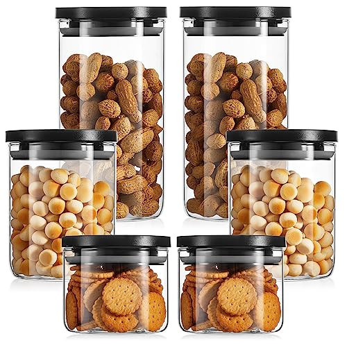 Rtteri 6 Pcs Glass Jars with Black Lids 15oz 27oz 41oz Canisters with Black Airtight Lids Stackable Glass Food Storage Containers Pantry Storage Jars PP Material Airtight | Amazon (US)