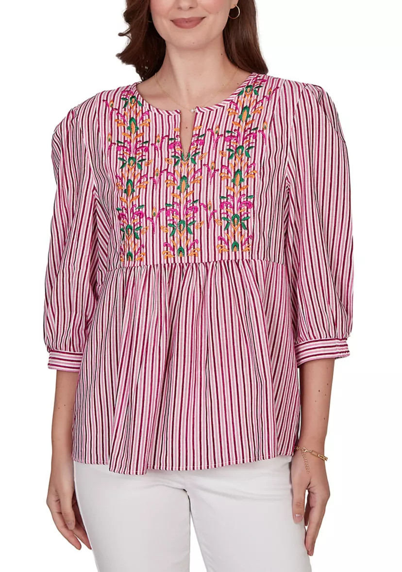 Women's Embroidered Placket Stripe Blouse | Belk