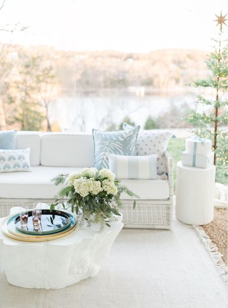 Serena and Lily, summer sale, outdoor furniture, wicker couch, stone coffee table, lake house, coastal, blue white throw pillow, pillow insert, beach, vacation home, endless summer, 

#LTKhome #LTKsalealert #LTKFind