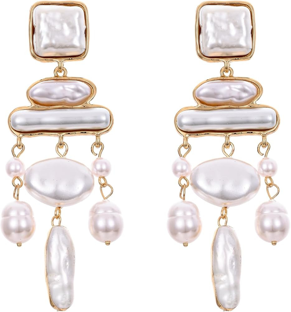 Statement Pearl Dangle Earrings,Gold and Large Pearl,Luxury Chandelier Organic Style Earrings | Amazon (US)