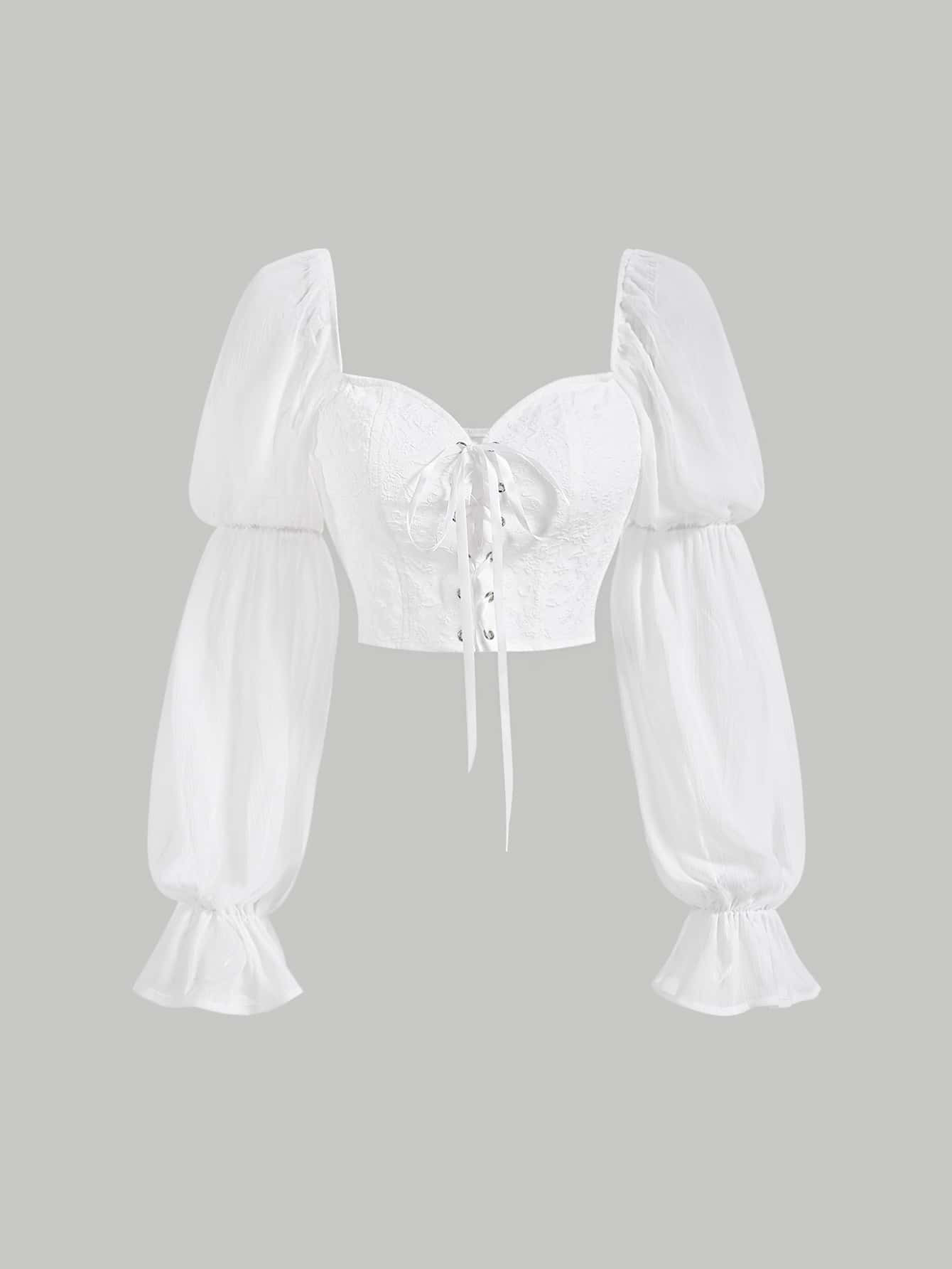 SHEIN MOD Lace Up Front Flounce Sleeve Crop Blouse | SHEIN