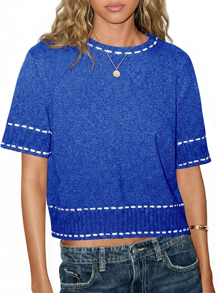 Saodimallsu Womens Short Sleeve Sweater Summer Cropped Sweaters Casual Crew Neck Pullover Lightwe... | Amazon (US)