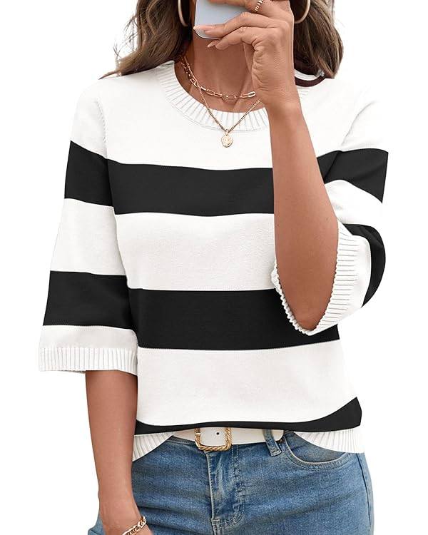 LOMON Womens Sweaters Casual Fall 2025 Crew Neck Striped 3/4 Sleeve Lightweight Knit Trendy Pullo... | Amazon (US)