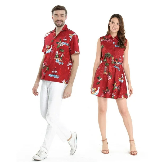 Couple Matching Hawaiian Luau Cruise Outfit Shirt Dress Christmas Santa in Hawaii Red - Walmart.c... | Walmart (US)