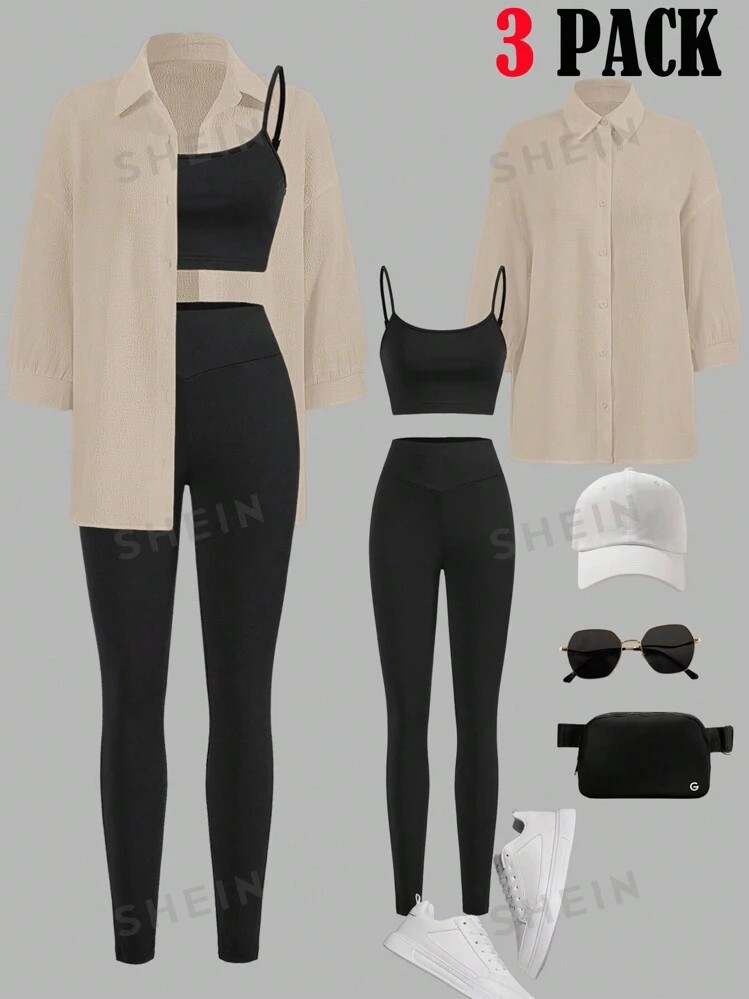 SHEIN LUNE 3pcs/Set Women Long Sleeve Shirt + Camisole + Skinny Leggings Airport Casual Outfits, ... | SHEIN