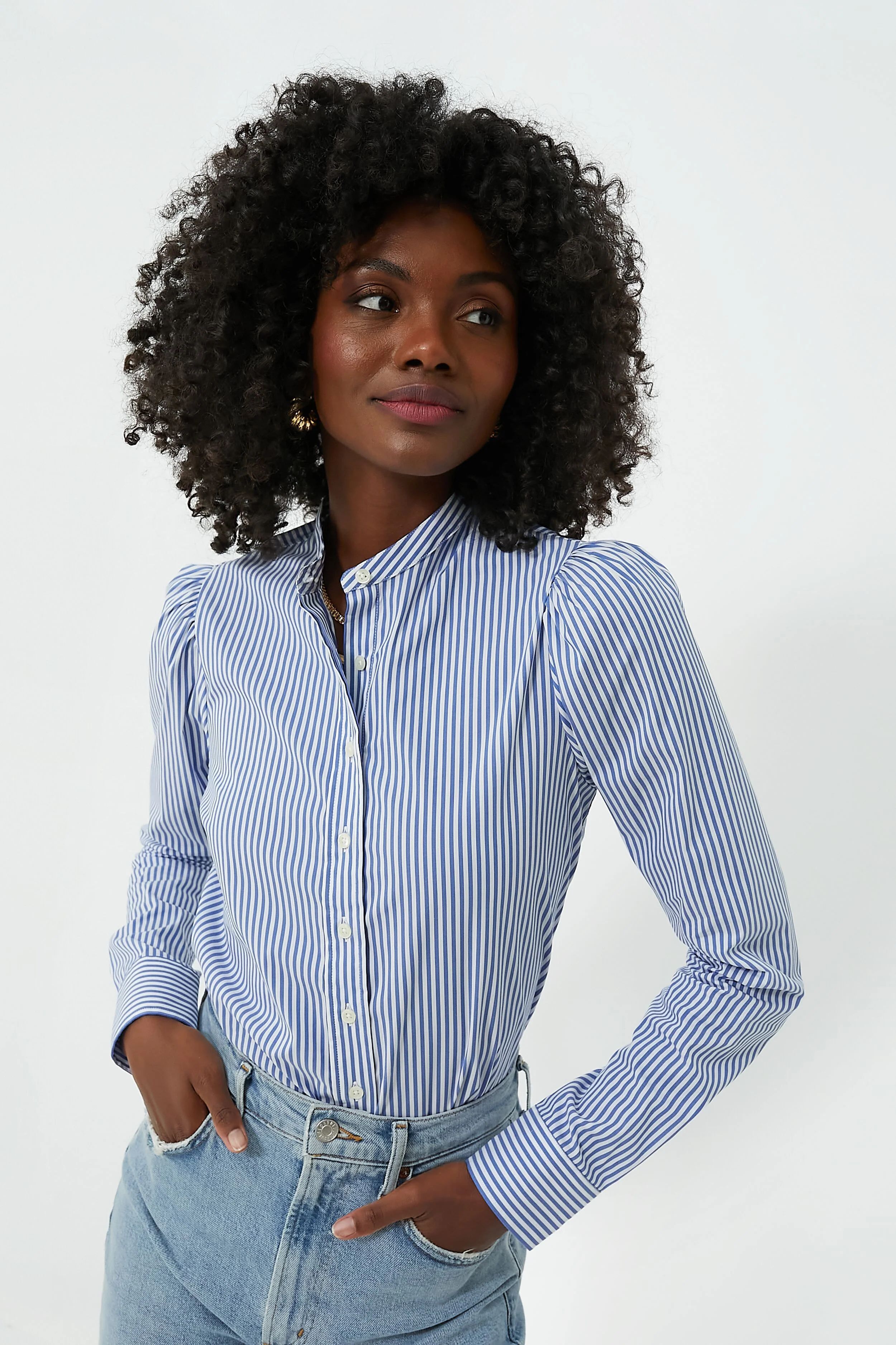 Blue and White Stripe Puffed Shoulder Shirt | Tuckernuck (US)