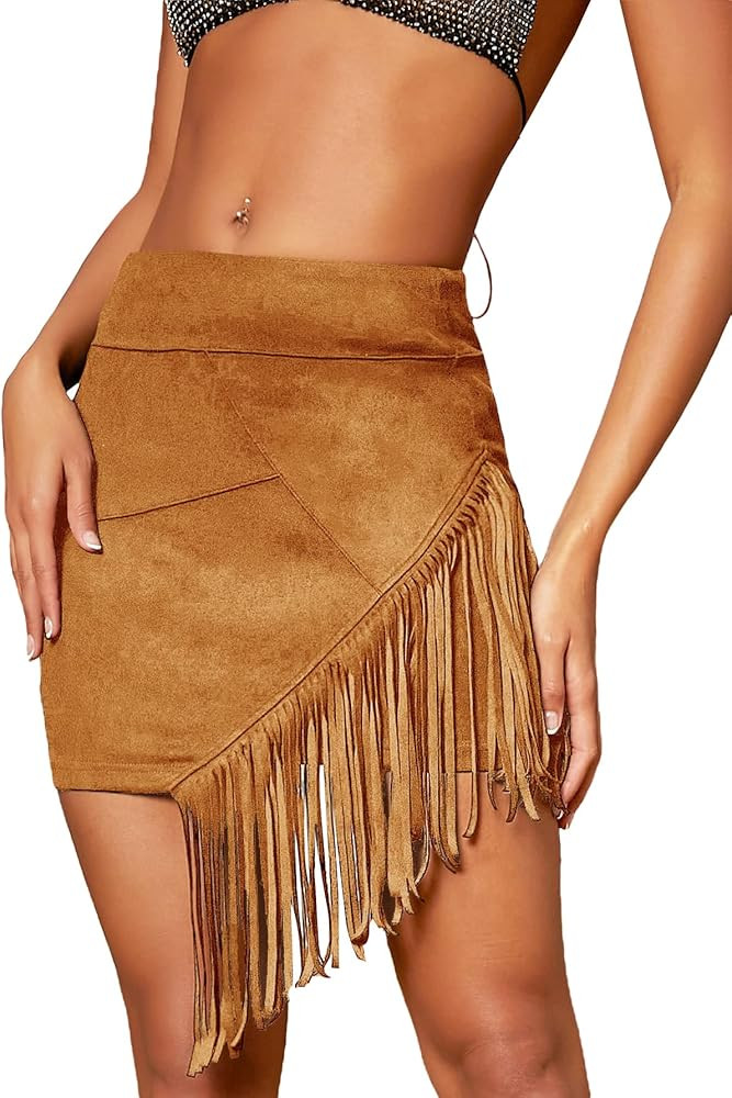 Milumia Women's Boho Fringe Hem Mini Skirt High Waisted Asymmetrical Short Skirts | Amazon (US)