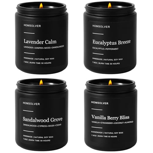 Homsolver Set of 4 Scented Candles for Home Decor, Candle Gifts for Dad Men Him, 200Hours Burn Tine, Vanilla, Lavender, Sandalwood, Eucalyptus Scented with Black Jar | Amazon (US)