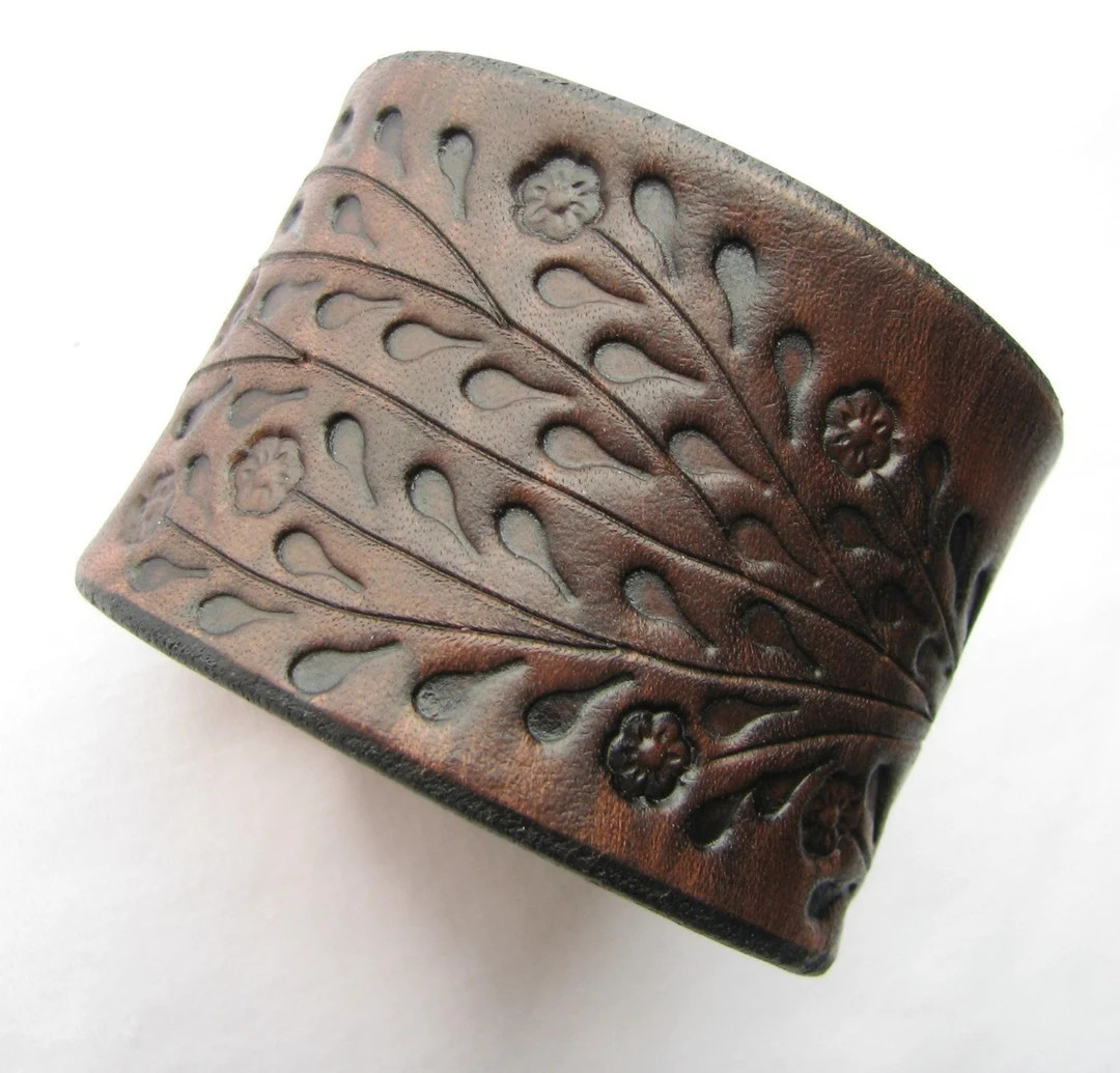 Wide Brown Leather Cuff Bracelet Floral Vine Hand Tooled Made of Top Quality Veg Tanned Leather T... | Etsy (US)