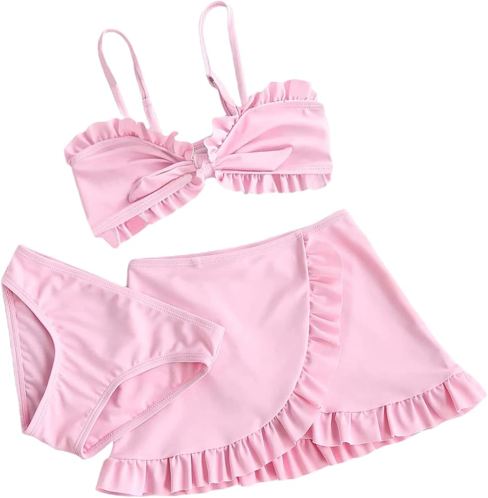 WDIRARA Toddler Girl's 3 Pieces Frill Trim Bikini Swimsuit with Wrap Beach Skirt | Amazon (US)