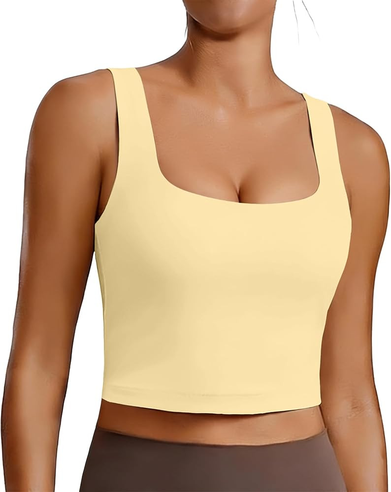 PINSPARK Sports Bra for Women Square Neck Longline Tank Top with Built in Bra | Amazon (US)