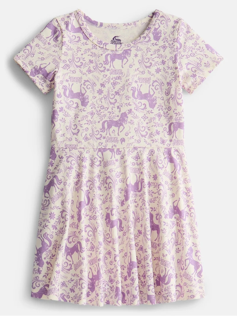 Unicorn Academy Girls Print Skater Dress with Short Sleeves, Sizes 4-12 | Walmart (US)