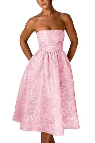 symdem Corset Prom Dresses for Teens 2025 A Line Strapless Evening Party Gown Ruched Jacquard Satin Sleeveless Pink Formal Dress SY37-4 | Amazon (US)
