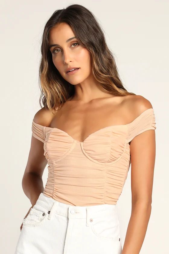 Meant for Love Blush Pink Ruched Mesh Off-The-Shoulder Bodysuit | Lulus (US)