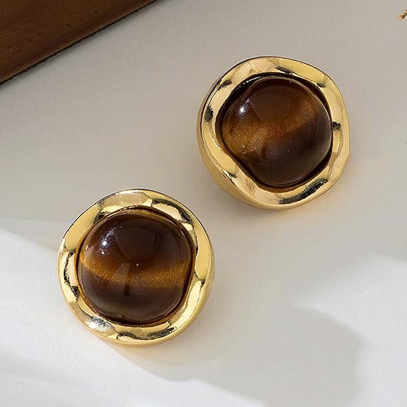 Gold Tiger Eye Stone Earrings Brown Earrings Chunky Gold Statement Earrings for Women Jewelry Gif... | Amazon (US)