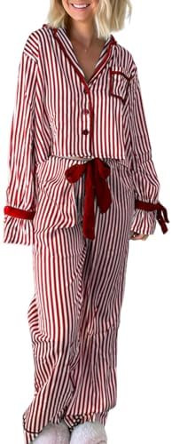 Argeousgor Women 2 Piece Christmas Pajamas Set Bow Tie Long Sleeve Button Shirts Ruffle Pants Cut... | Amazon (US)