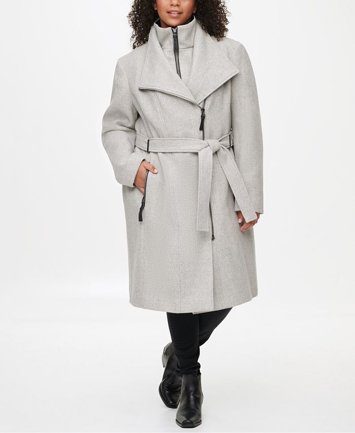 Calvin Klein Plus Size Faux-Leather-Trim Belted Coat, Created for Macy's & Reviews - Coats & Jack... | Macys (US)