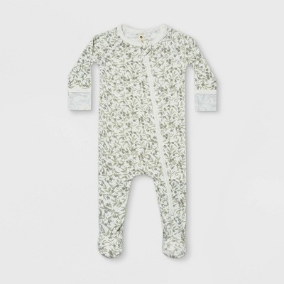 Q by Quincy Mae Baby Girls' Floral Rayon from Bamboo Zip Footed Pajama - Ivory/Blue 18-24M | Target