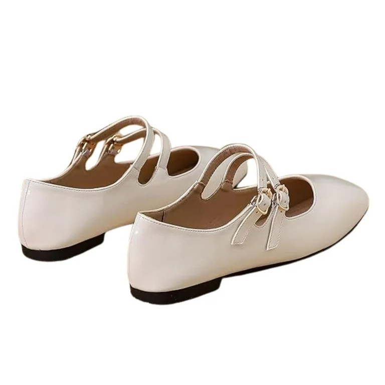 CHICVOMEY Double Buckle Mary Jane Flats for Women Square Toe Comfort Vintage Ballet Flats with Me... | Walmart (US)