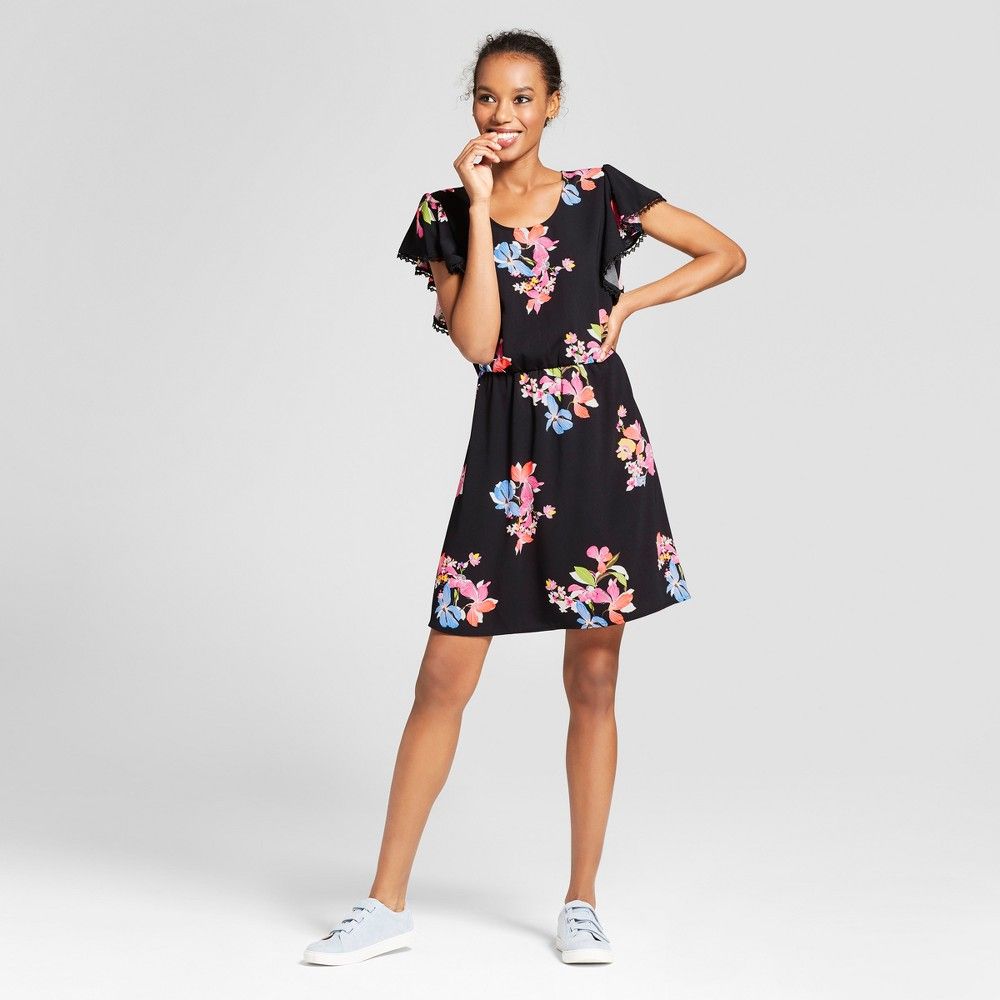 Women's Floral Ruffle Sleeve Dress - A New Day Black Multi Xxl | Target
