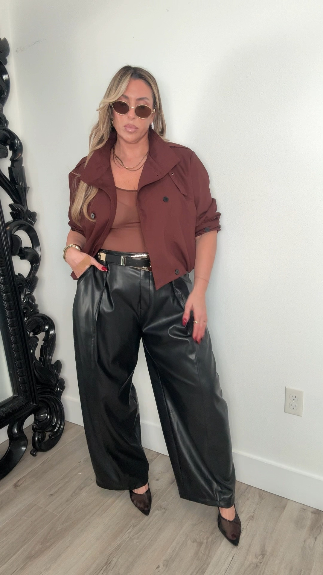Midsize Fall Fashion: styling a funnel jacket 

Jacket size L

Asos black faux leather barrel pants size 10 (size down; run very oversized) 
Amazon Mesh Heels and belt (look for less) 
mesh brown tank size L (very stretchy) 

#LTKFindsUnder50 #LTKMidsize #LTKFindsUnder100