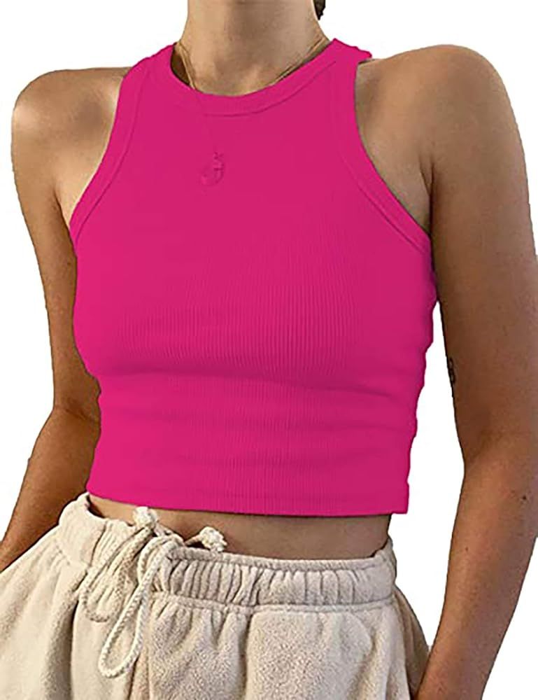 Meladyan Women's Round Neck Basic Racerback Camisole Rib-Knit Solid Sleeveless Crop Tank Tops | Amazon (US)