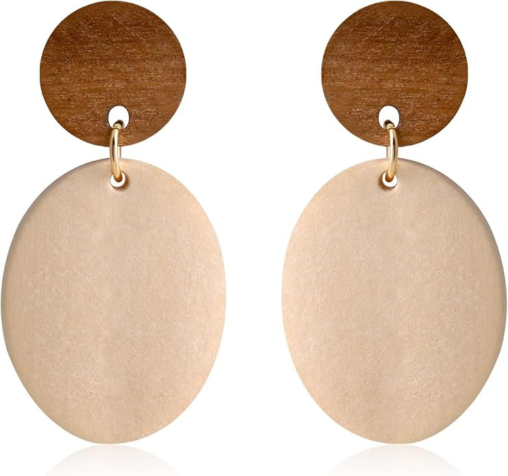 Wood Boho Earrings for Women Brown and Beige Lightweight Wooden Dangle Earrings Bohemian Style fo... | Amazon (US)