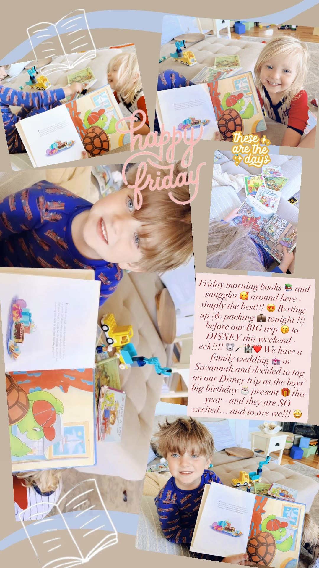 Friday morning books 📚 and snuggles 🥰 around here - simply the best!!! 😍 Resting up (& packing 💼 tonight !!) before our BIG trip 🤭 to DISNEY this weekend - eek!!!! 🐭🪄🏰❤️ We have a family wedding 💒 in Savannah and decided to tag on our Disney trip as the boys’ big birthday 🎂 present 🎁 this year - and they are SO excited… and so are we!!! 🤩