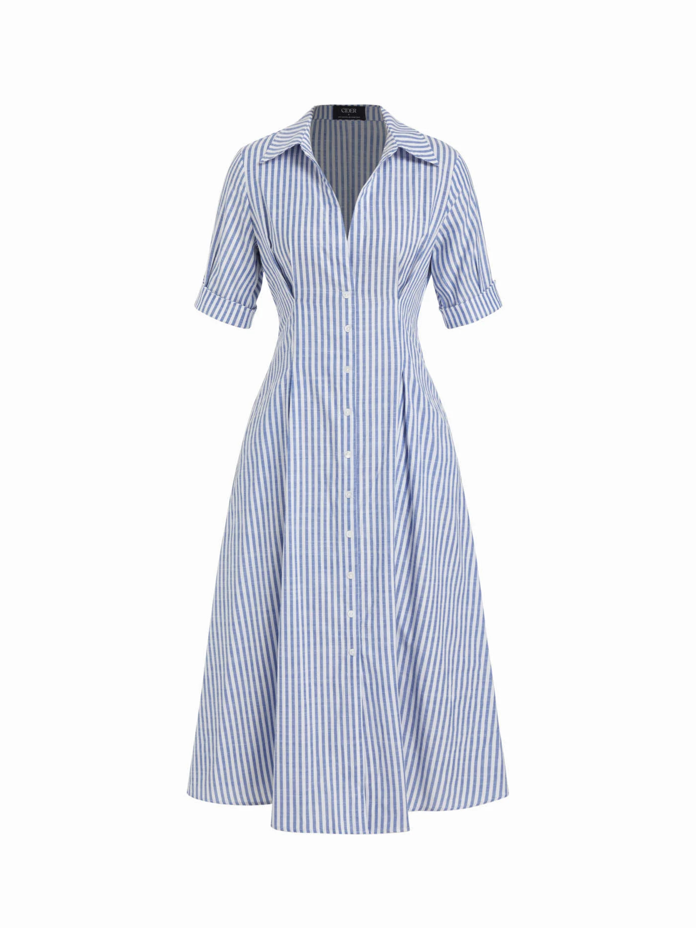 Woven Cotton-blend Striped Mid-length Sleeve Draped Shirt Maxi Dress For Daily Casual Work | Cider