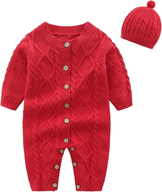 Baby Newborn Boy Knitted Sweater Romper Cotton Longsleeve Outfit with Kids Winter Warm Hats Set | Amazon (US)