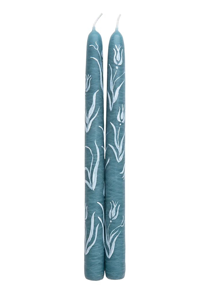 Dusty Blue Tulip Hand-painted Taper Candles, Set of Two | Over The Moon